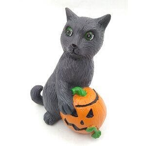 Unmarked Black Cat Halloween Hold Pumpkin Jack Lantern Resin/Ceramic? Figurine